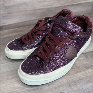 PHILIPPE MODEL Paris glitter suede and leather sneaker shoe.Plum burgundy 8/38